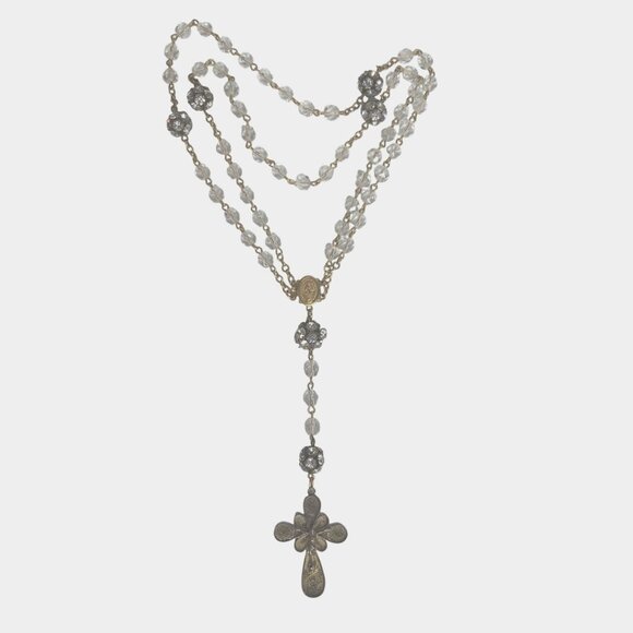 VTG Double Strand Crystal Bead Rosary Bracelet Necklace Cross Pendant Boho - Picture 1 of 14